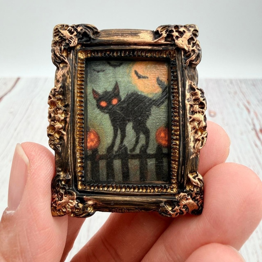 Handmade Halloween Black Cat Mini Framed Magnet Gothic Spooky Decor